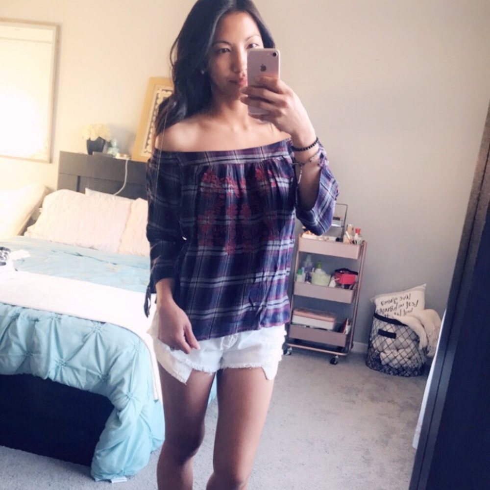 Francesca's 3/4 plaid off shoulder blouse